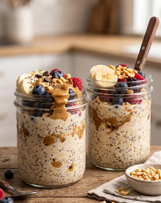 Creamy overnight oats with chia seeds and peanut butter topped with banana slices and served in a glass jar for a healthy no-cook breakfast.