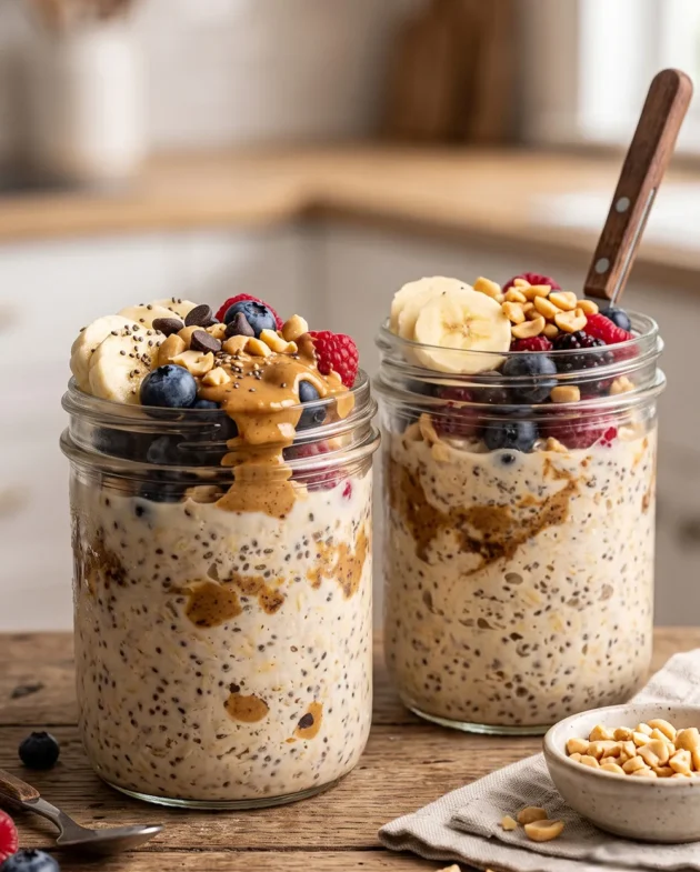 Creamy overnight oats with chia seeds and peanut butter topped with banana slices and served in a glass jar for a healthy no-cook breakfast.