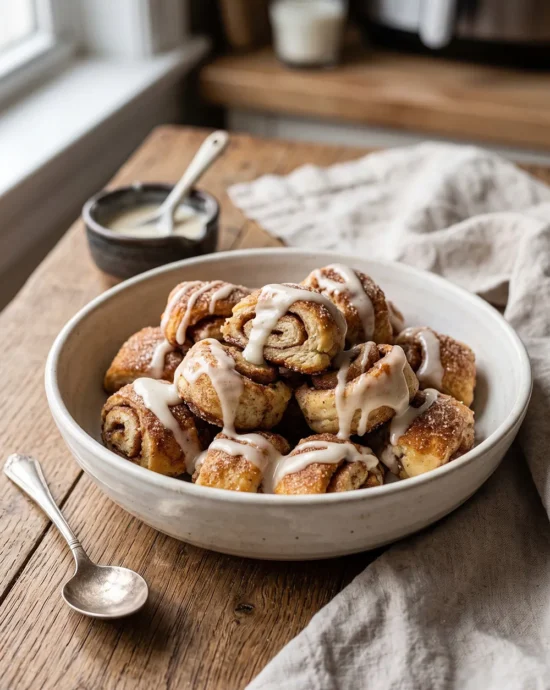 Air Fryer Cinnamon Roll Bites coated with cinnamon sugar and drizzled with icing, served warm as an easy American breakfast treat.