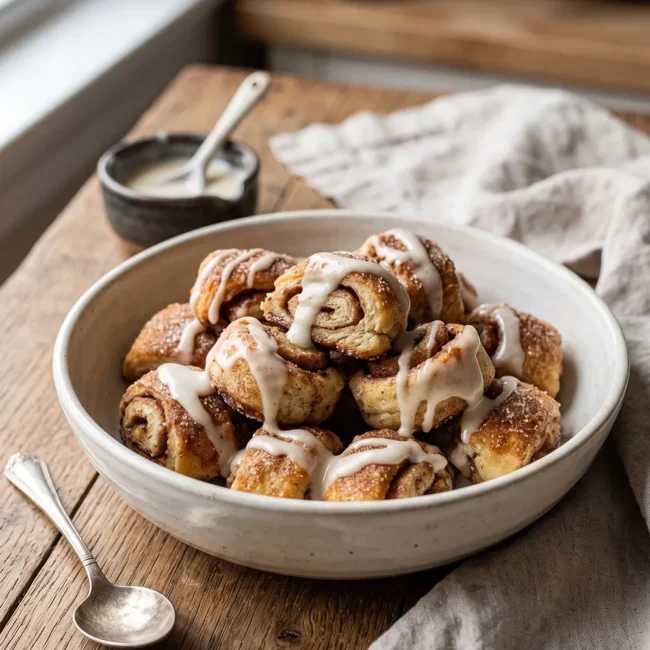 Air Fryer Cinnamon Roll Bites coated with cinnamon sugar and drizzled with icing, served warm as an easy American breakfast treat.