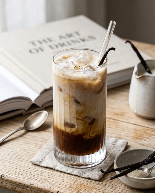 Homemade iced vanilla oat milk latte with espresso, creamy oat milk, vanilla syrup, and ice served in a tall glass.