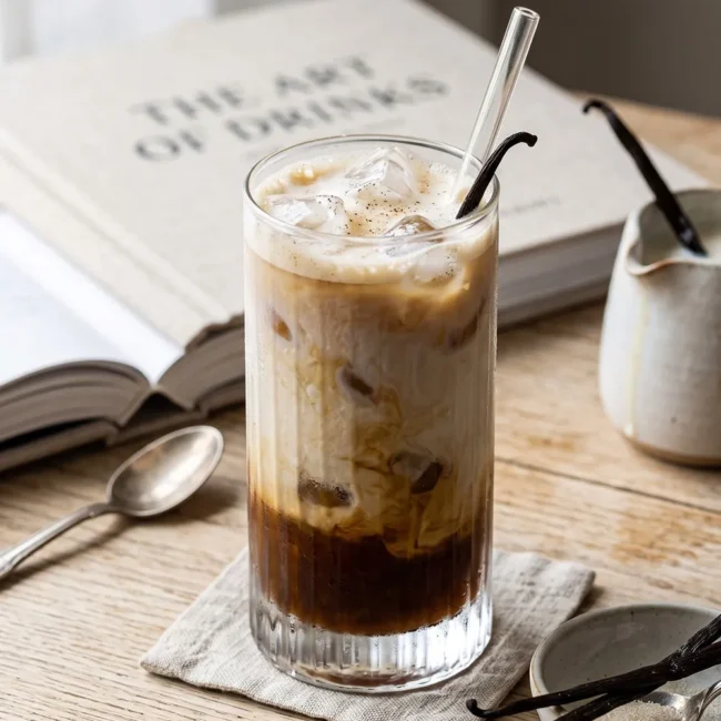 Homemade iced vanilla oat milk latte with espresso, creamy oat milk, vanilla syrup, and ice served in a tall glass.