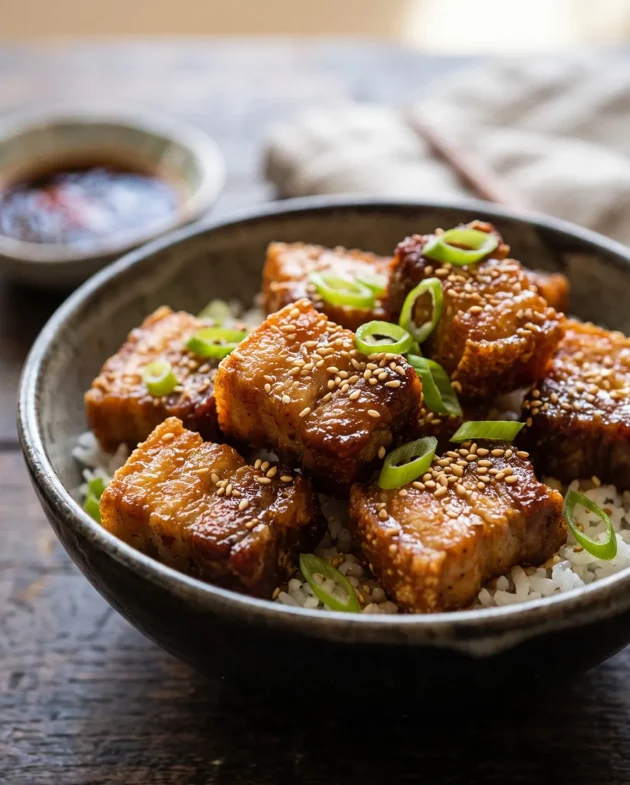 Crispy air fryer pork belly bites coated with garlic soy sauce and five spice seasoning, served with green onions and sesame seeds.