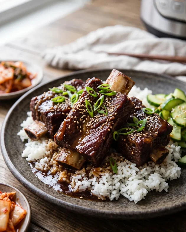 Tender Instant Pot Korean short ribs coated in a rich soy, pear, and garlic sauce, garnished with sesame seeds and green onions, served over steamed rice.