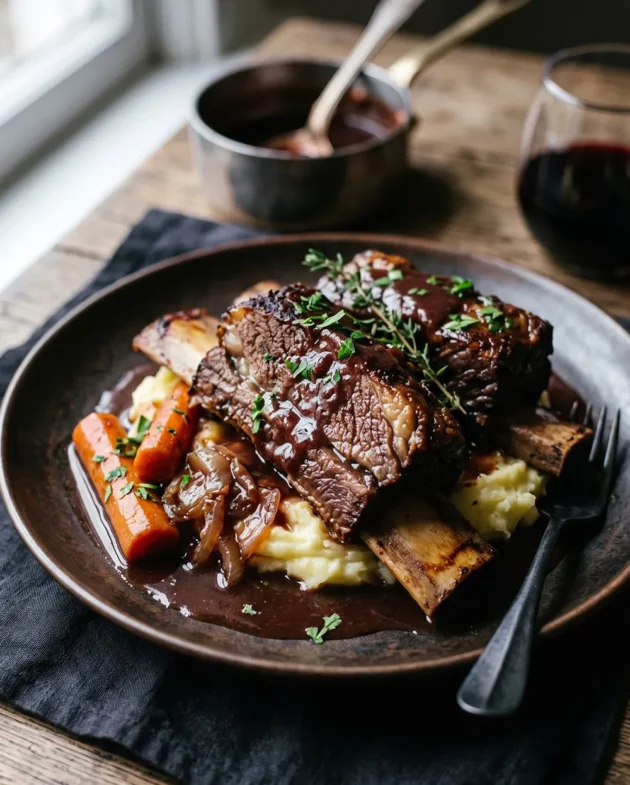 Braised beef short ribs with red wine sauce, carrots, and onions served in a rustic bowl with fresh herbs, a classic French oven-braised dinner.