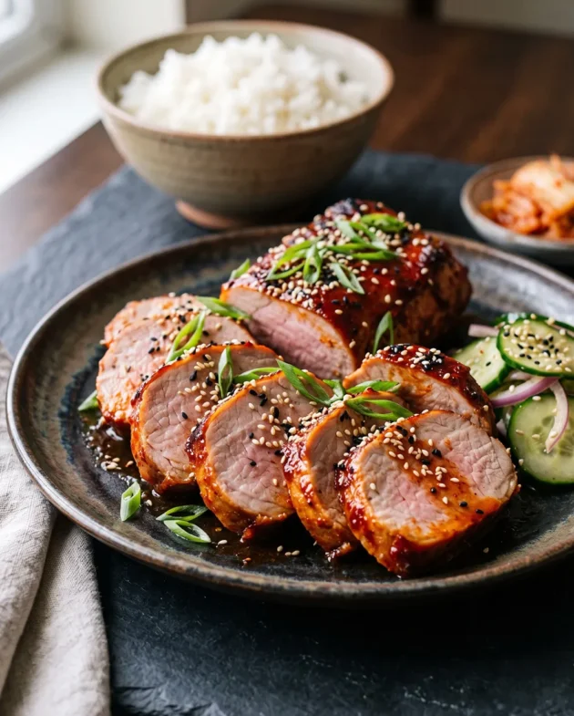 Oven-baked Gochujang Marinated Pork Tenderloin sliced and glazed with a spicy honey garlic sauce, garnished with sesame seeds and green onions.