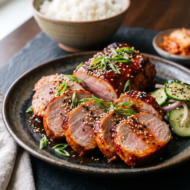 Oven-baked Gochujang Marinated Pork Tenderloin sliced and glazed with a spicy honey garlic sauce, garnished with sesame seeds and green onions.