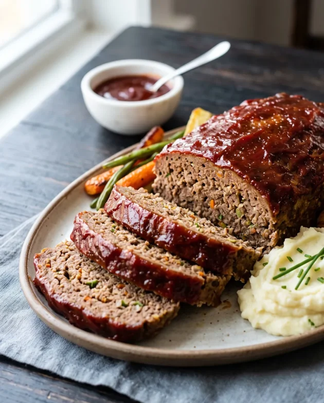 Classic Meatloaf with Brown Sugar Glaze sliced and served on a white plate with mashed potatoes, finished with a glossy caramelized ketchup glaze.