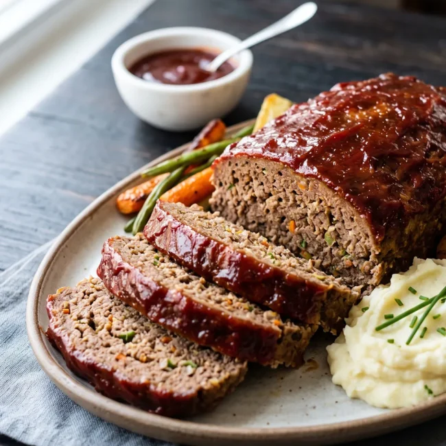 Classic Meatloaf with Brown Sugar Glaze sliced and served on a white plate with mashed potatoes, finished with a glossy caramelized ketchup glaze.