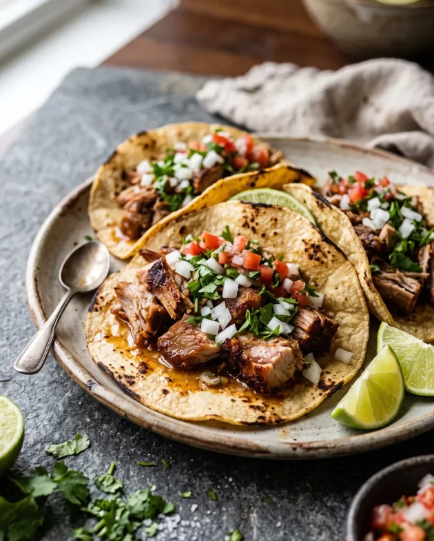 Crispy carnitas tacos made with Instant Pot pork shoulder, topped with fresh cilantro, diced onion, and lime wedges on warm corn tortillas.