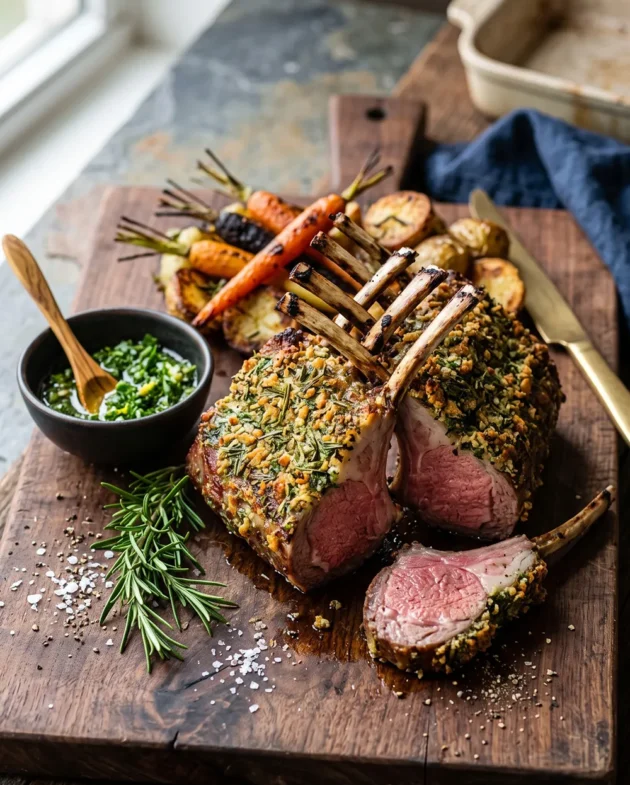 Juicy herb-crusted rack of lamb coated with fresh rosemary, garlic, and Dijon mustard, sliced into chops and served on a rustic platter.