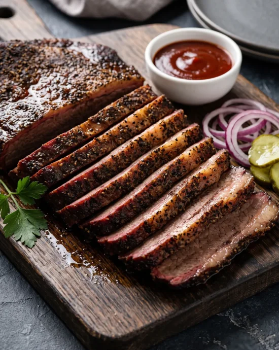 Juicy smoked beef brisket with a dark bark and tender sliced interior served on a wooden cutting board with barbecue sauce.