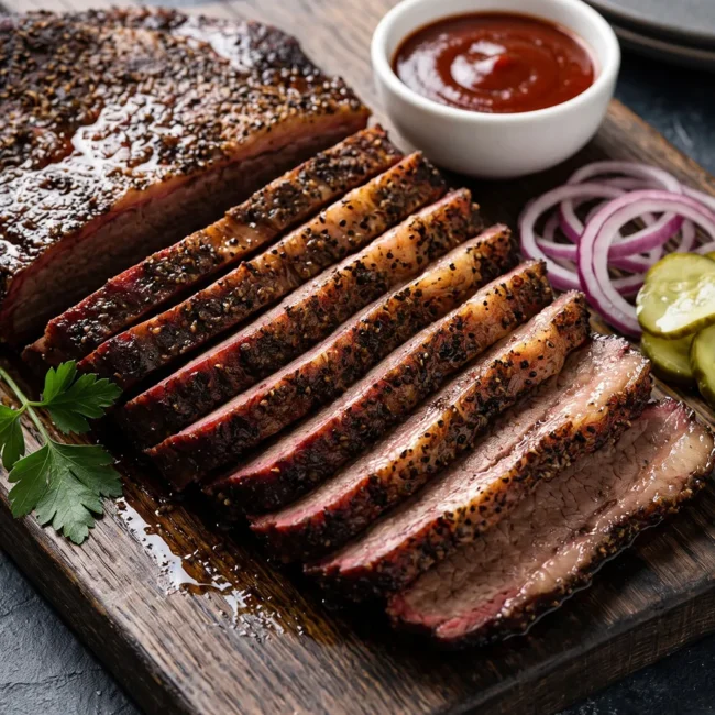 Juicy smoked beef brisket with a dark bark and tender sliced interior served on a wooden cutting board with barbecue sauce.