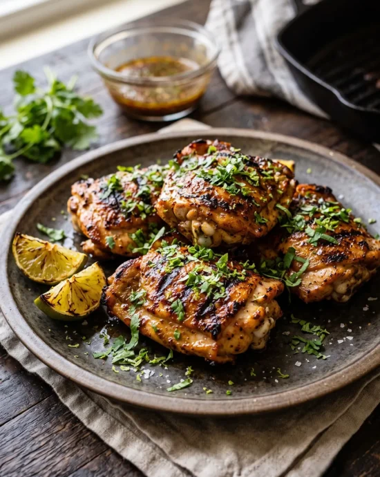 Juicy Grilled Chili-Lime Chicken Thighs with charred grill marks, fresh cilantro, and lime wedges on a serving platter.