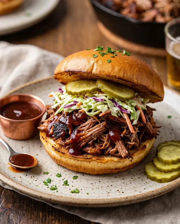 Classic BBQ pulled pork sandwiches piled high with tender smoked pork, creamy coleslaw, and tangy barbecue sauce on toasted brioche buns.