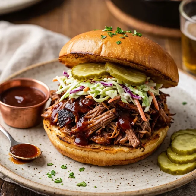 Classic BBQ pulled pork sandwiches piled high with tender smoked pork, creamy coleslaw, and tangy barbecue sauce on toasted brioche buns.
