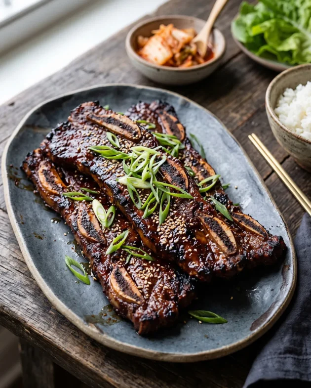 Grilled Korean Gochujang Short Ribs caramelized on the grill and garnished with sesame seeds and sliced green onions, served with steamed rice.