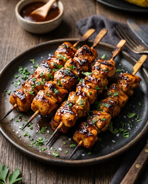 Juicy Honey Bourbon BBQ Chicken Skewers grilled with a sticky caramelized barbecue glaze and served on a platter with fresh parsley.