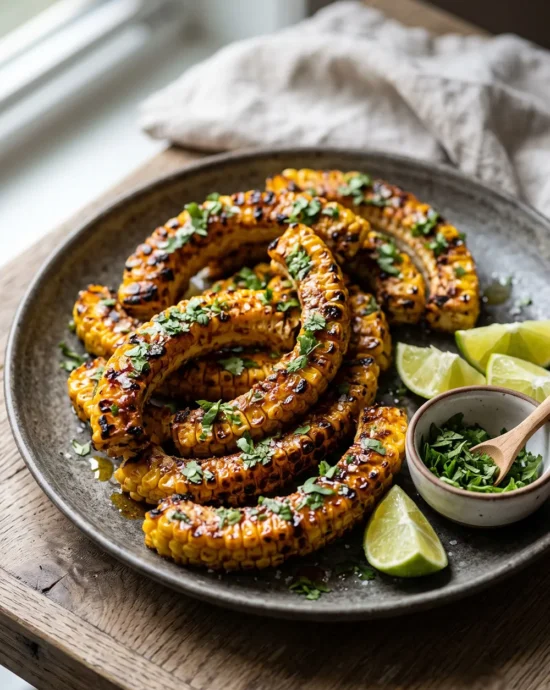 Grilled corn ribs brushed with butter, chili powder, and fresh lime, served hot with charred edges on a rustic platter.