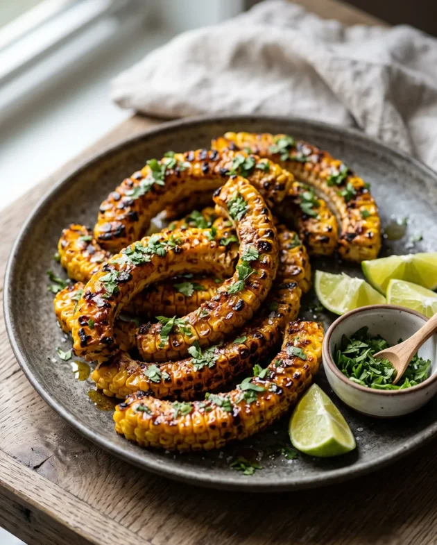 Grilled corn ribs brushed with butter, chili powder, and fresh lime, served hot with charred edges on a rustic platter.