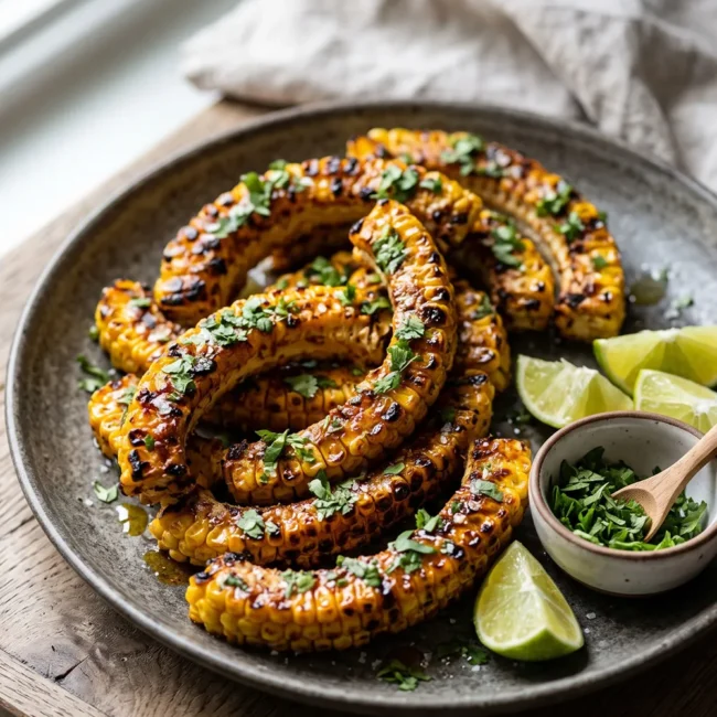 Grilled corn ribs brushed with butter, chili powder, and fresh lime, served hot with charred edges on a rustic platter.
