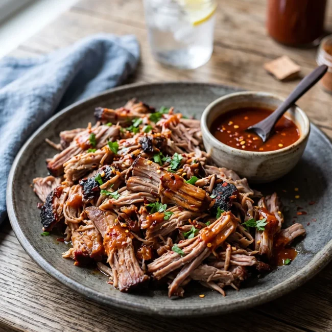 Smoked pulled pork with Carolina vinegar sauce served on a plate with tender shredded pork, BBQ bark, and classic Southern barbecue sides.