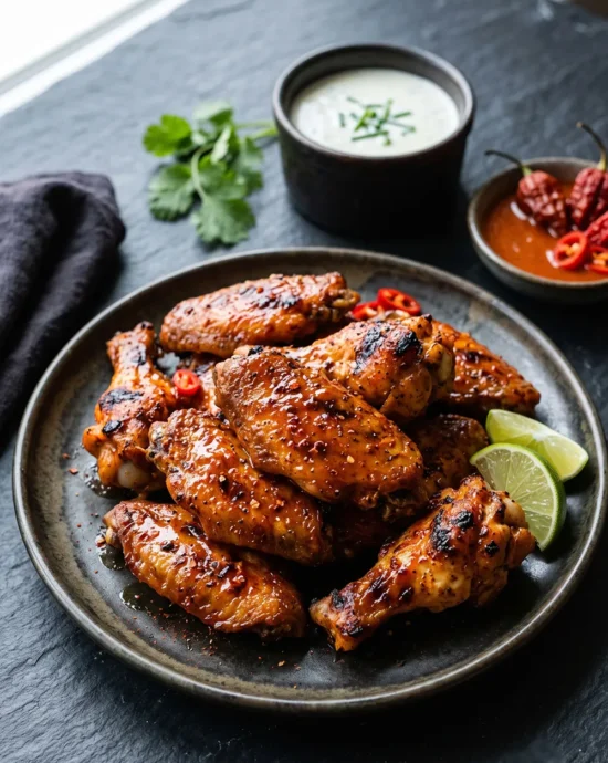 Grilled Ghost Pepper Chicken Wings coated in spicy red sauce with smoky charred skin served on a plate with dipping sauce.
