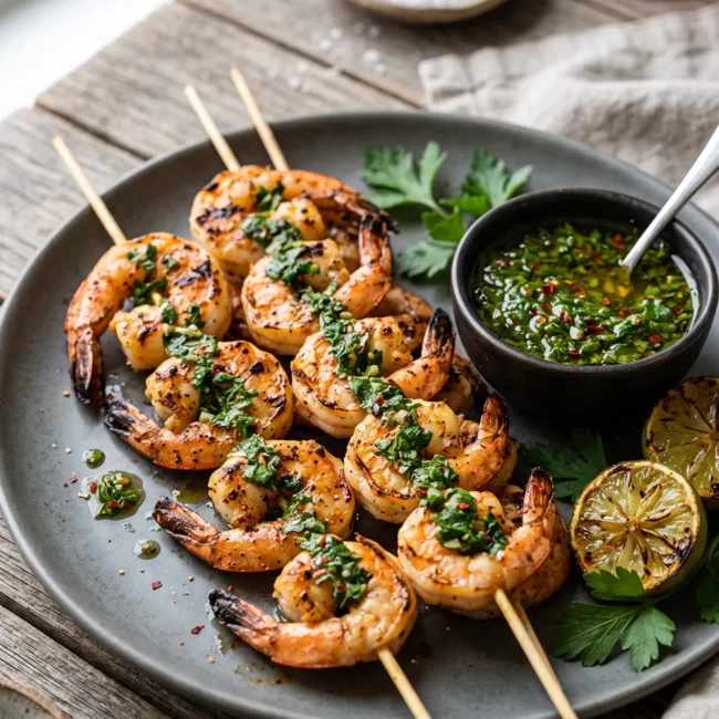 Grilled shrimp skewers topped with fresh chimichurri sauce, garlic, and lime served on a plate with a smoky grilled finish.