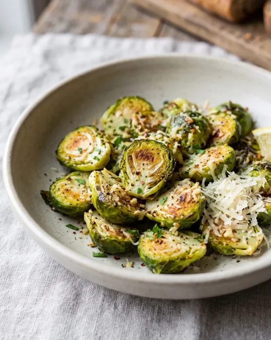 Garlic Parmesan Roasted Brussels Sprouts baked until crispy with melted parmesan cheese, fresh garlic, and golden roasted edges on a serving plate.