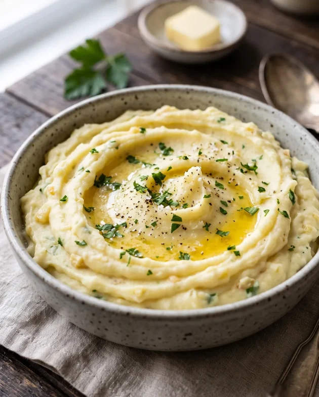 Creamy mashed potatoes with garlic butter served in a bowl with melted butter and fresh parsley on top, perfect for a classic American side dish.