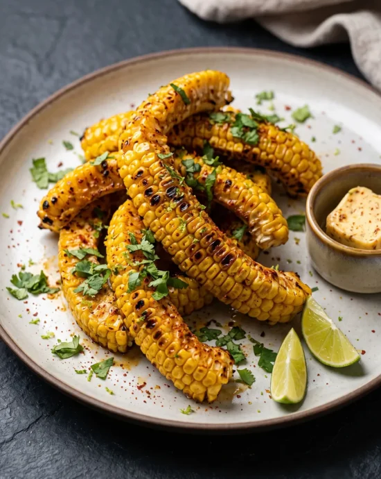 Grilled corn ribs coated with chili lime butter, showing smoky charred edges and fresh lime garnish on a summer BBQ platter.