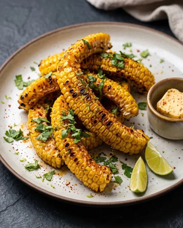 Grilled corn ribs coated with chili lime butter, showing smoky charred edges and fresh lime garnish on a summer BBQ platter.
