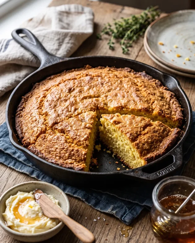 Southern-style cornbread baked in a cast iron skillet with a golden crust, buttery center, and honey drizzle served fresh from the oven.