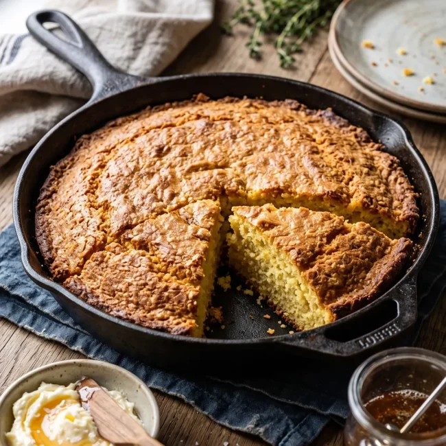Southern-style cornbread baked in a cast iron skillet with a golden crust, buttery center, and honey drizzle served fresh from the oven.