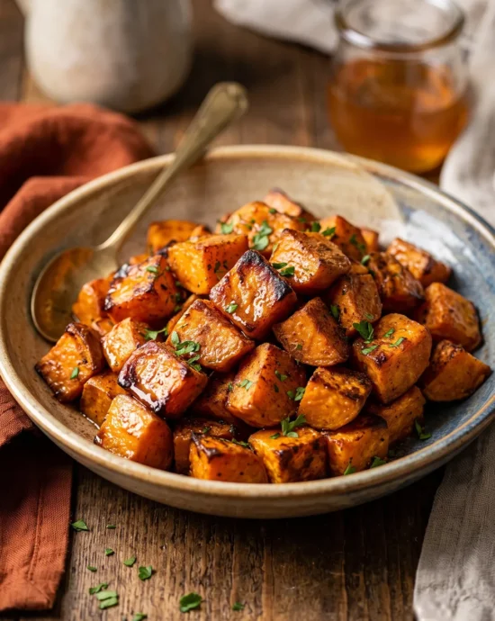 Roasted sweet potatoes with honey butter and cinnamon glaze, golden caramelized edges, and a warm oven-baked finish served as an easy American side dish.