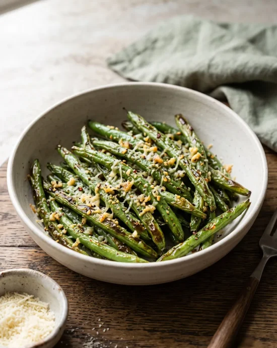 Crispy Air Fryer Green Beans with garlic, parmesan cheese, and olive oil served as an easy healthy vegetable side dish.