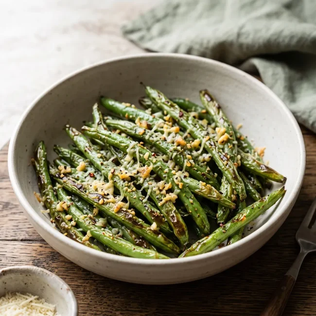 Crispy Air Fryer Green Beans with garlic, parmesan cheese, and olive oil served as an easy healthy vegetable side dish.