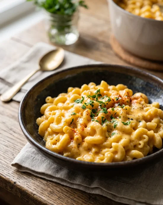 Creamy Classic Mac and Cheese with elbow macaroni coated in homemade cheddar cheese sauce served warm in a bowl.
