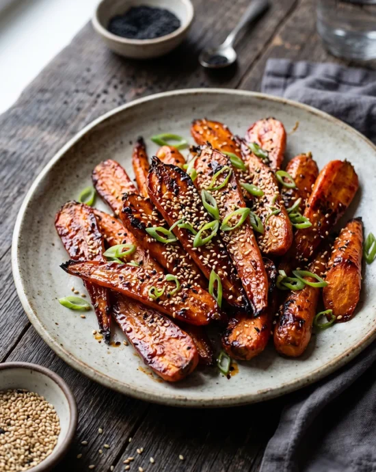 Korean gochujang roasted carrots glazed with honey and topped with sesame seeds, served as a colorful oven-baked vegetable side dish.