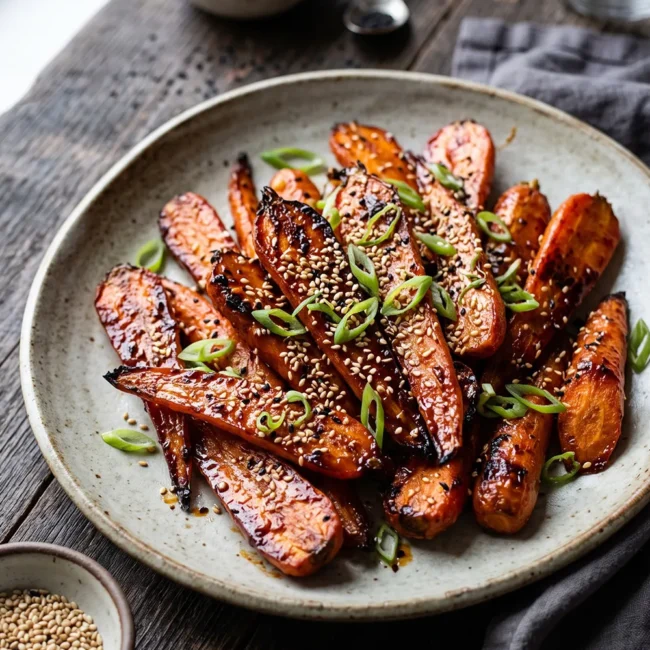 Korean gochujang roasted carrots glazed with honey and topped with sesame seeds, served as a colorful oven-baked vegetable side dish.