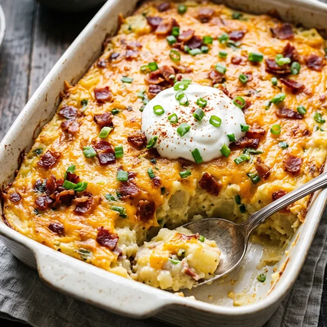Loaded baked potato casserole with creamy potatoes, melted cheddar cheese, crispy bacon, and green onions served in a golden oven-baked dish.