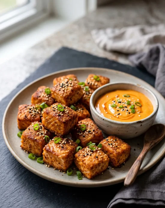 Crispy air fryer salmon bites coated with golden seasoning served with creamy spicy mayo dipping sauce on a plate.