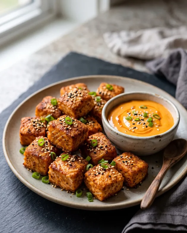 Crispy air fryer salmon bites coated with golden seasoning served with creamy spicy mayo dipping sauce on a plate.