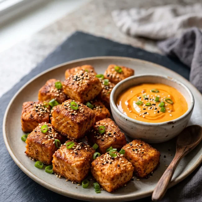 Crispy air fryer salmon bites coated with golden seasoning served with creamy spicy mayo dipping sauce on a plate.