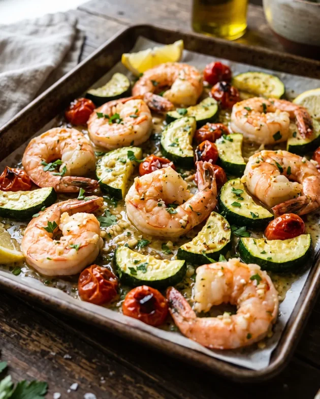Sheet Pan Garlic Butter Shrimp and Vegetables with juicy shrimp, roasted zucchini, and garlic butter sauce served on a baking sheet.