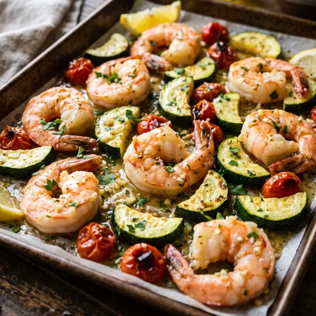Sheet Pan Garlic Butter Shrimp and Vegetables with juicy shrimp, roasted zucchini, and garlic butter sauce served on a baking sheet.