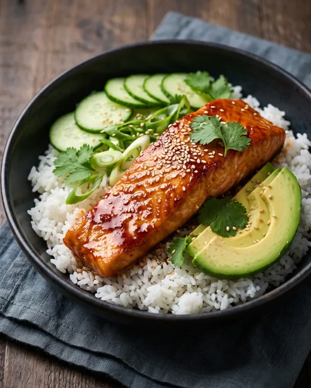Gochujang glazed salmon bowl with oven-baked spicy salmon, white rice, fresh cucumber slices, sesame seeds, and Korean-inspired toppings.
