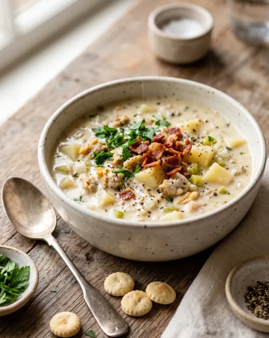 Classic New England clam chowder with creamy broth, potatoes, bacon, and clams served in a rustic bowl with fresh parsley and oyster crackers.