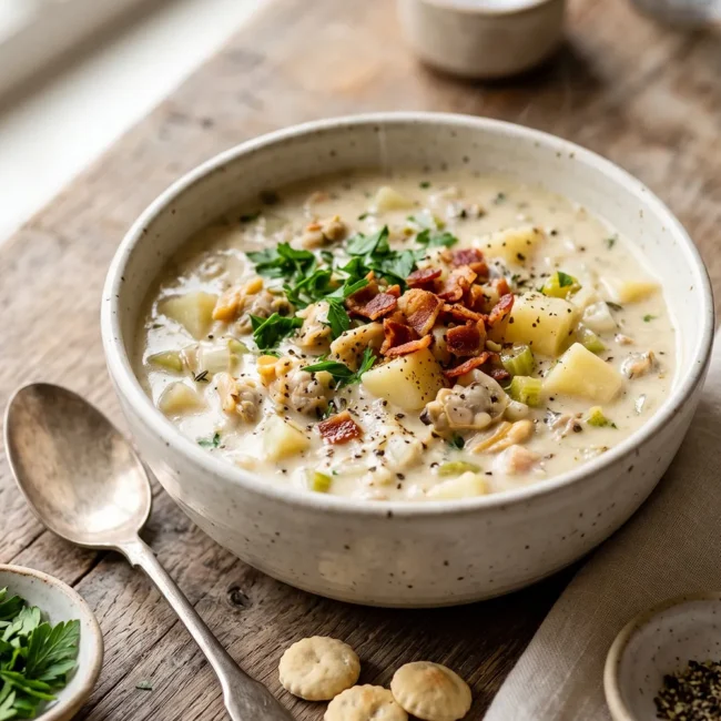 Classic New England clam chowder with creamy broth, potatoes, bacon, and clams served in a rustic bowl with fresh parsley and oyster crackers.