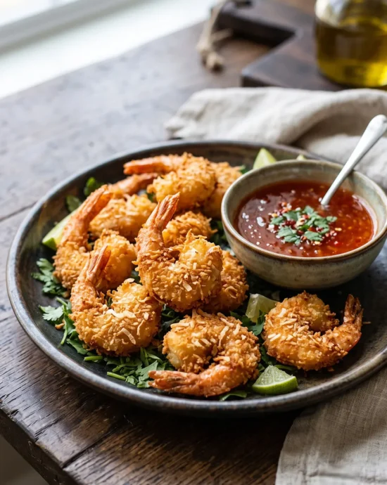 Crispy air fryer coconut shrimp coated with panko and coconut flakes, served with sweet chili dipping sauce and fresh lime wedges.